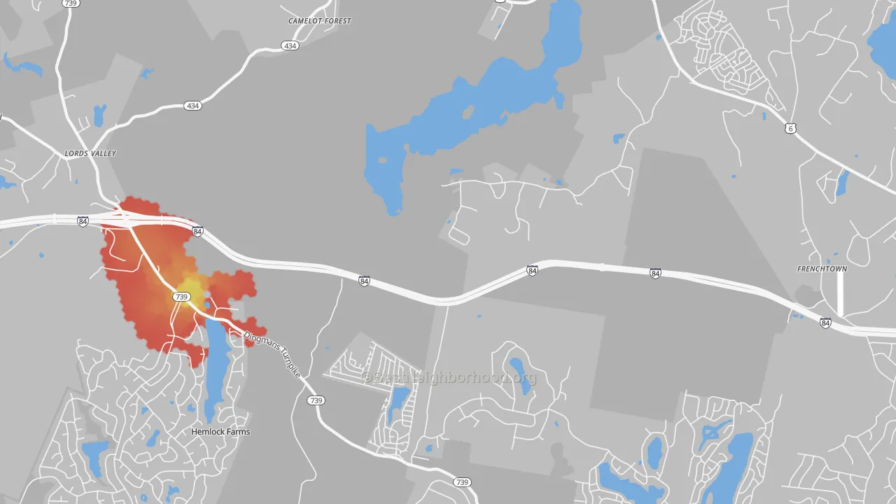 Walk Grade map of Unity House, PA, walkable areas in green and car-dependent areas in red