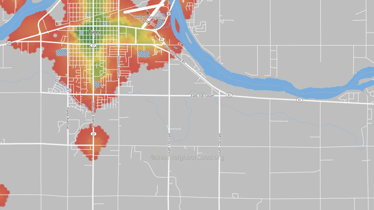 Walk Grade map of Unity, ID, walkable areas in green and car-dependent areas in red
