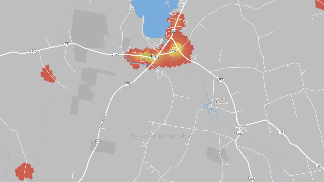 Walk Grade map of Unity, ME, walkable areas in green and car-dependent areas in red