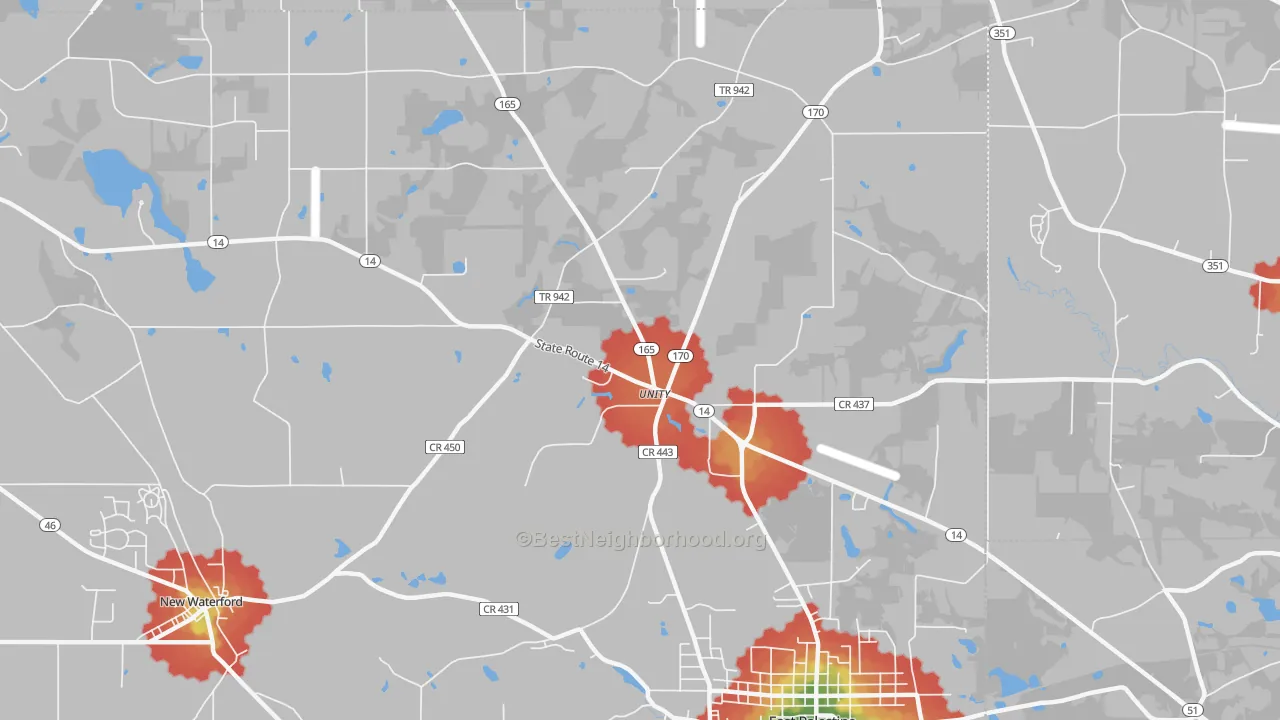 Walk Grade map of Unity, OH, walkable areas in green and car-dependent areas in red