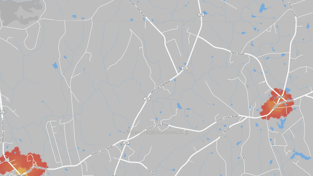 Walk Grade map of Unity, SC, walkable areas in green and car-dependent areas in red