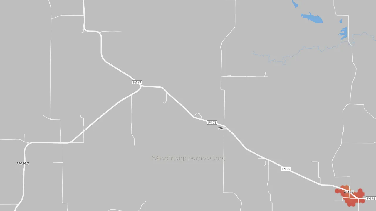 Walk Grade map of Unity, TX, walkable areas in green and car-dependent areas in red
