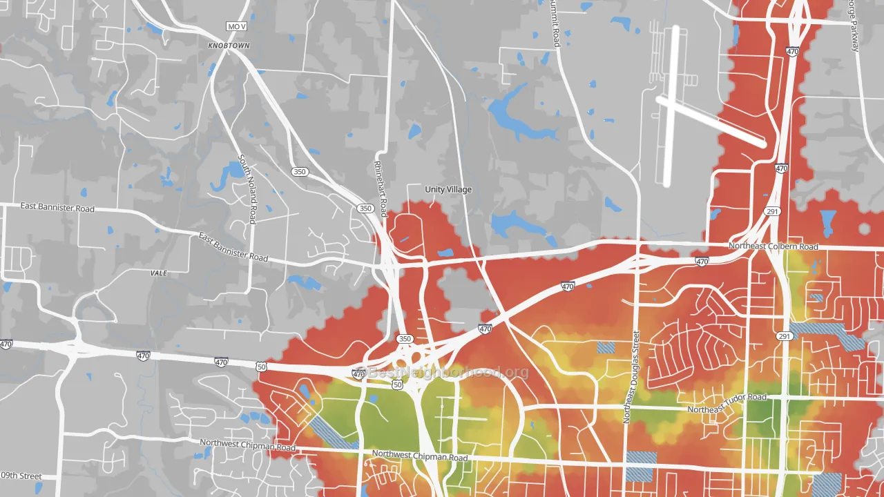 Walk Grade map of Unity Village, MO, walkable areas in green and car-dependent areas in red