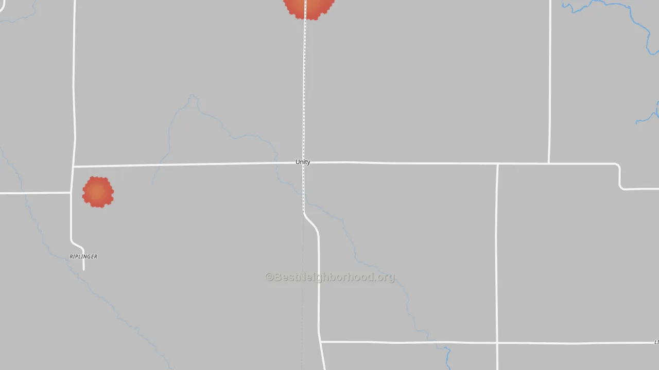 Walk Grade map of Unity, WI, walkable areas in green and car-dependent areas in red