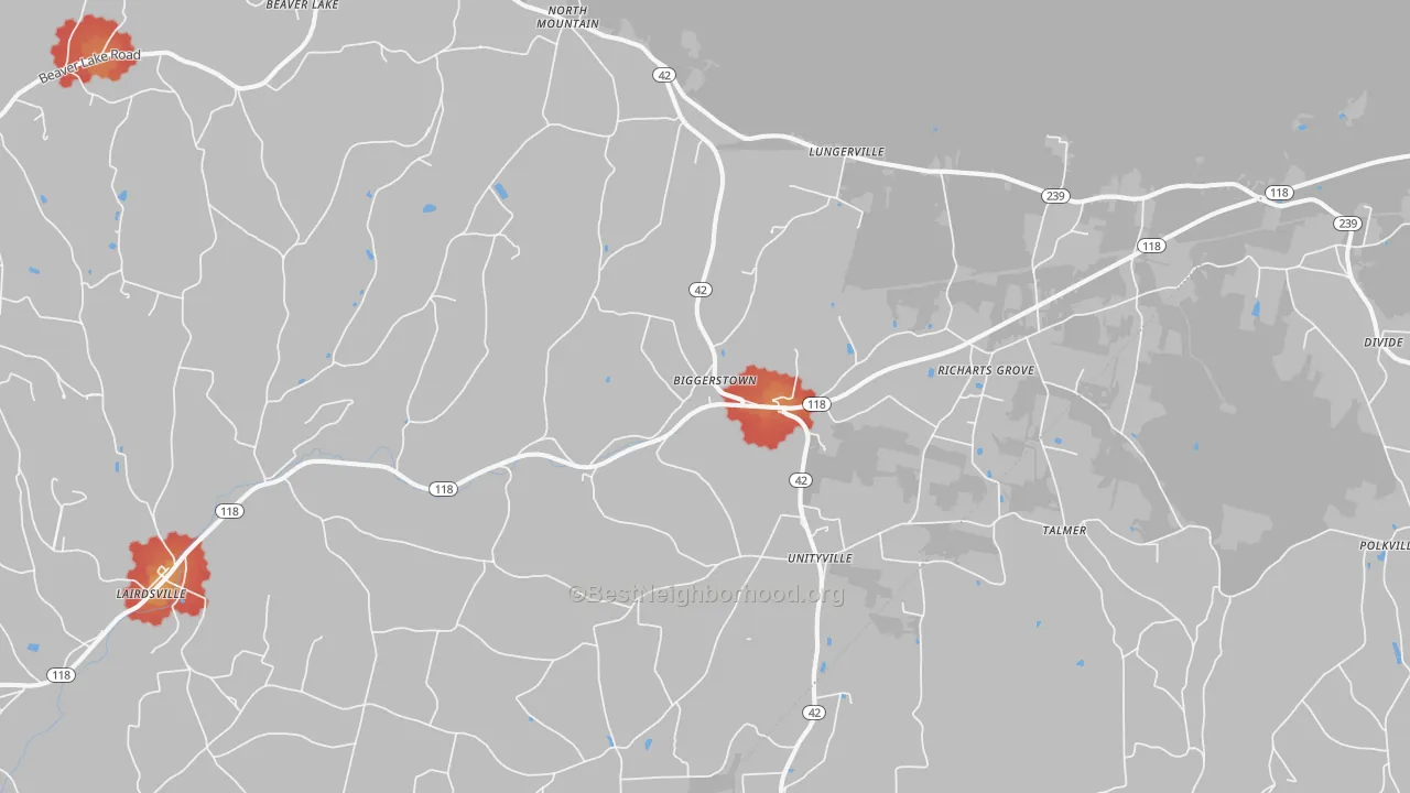 Walk Grade map of Unityville, PA, walkable areas in green and car-dependent areas in red