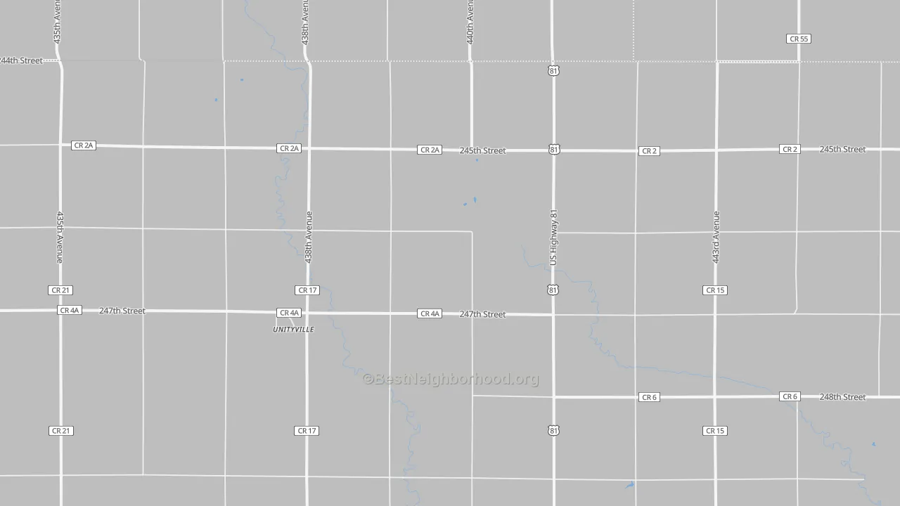 Walk Grade map of Unityville, SD, walkable areas in green and car-dependent areas in red