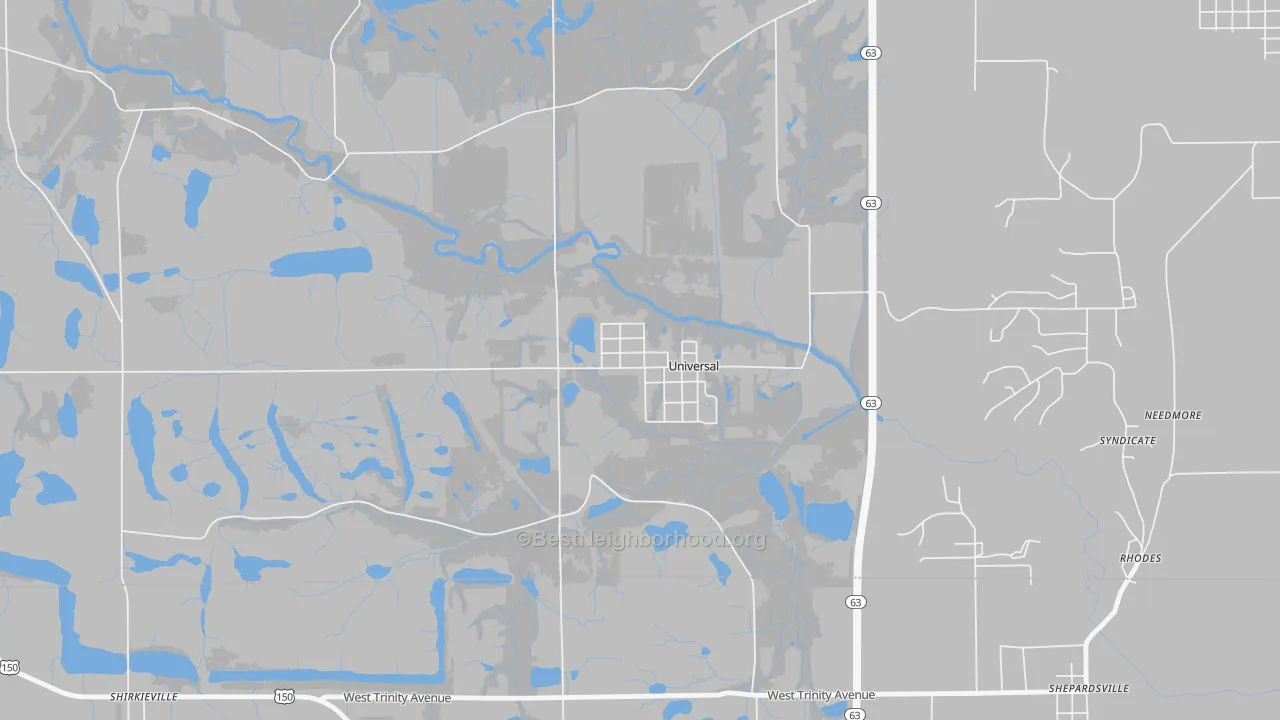 Walk Grade map of Universal, IN, walkable areas in green and car-dependent areas in red