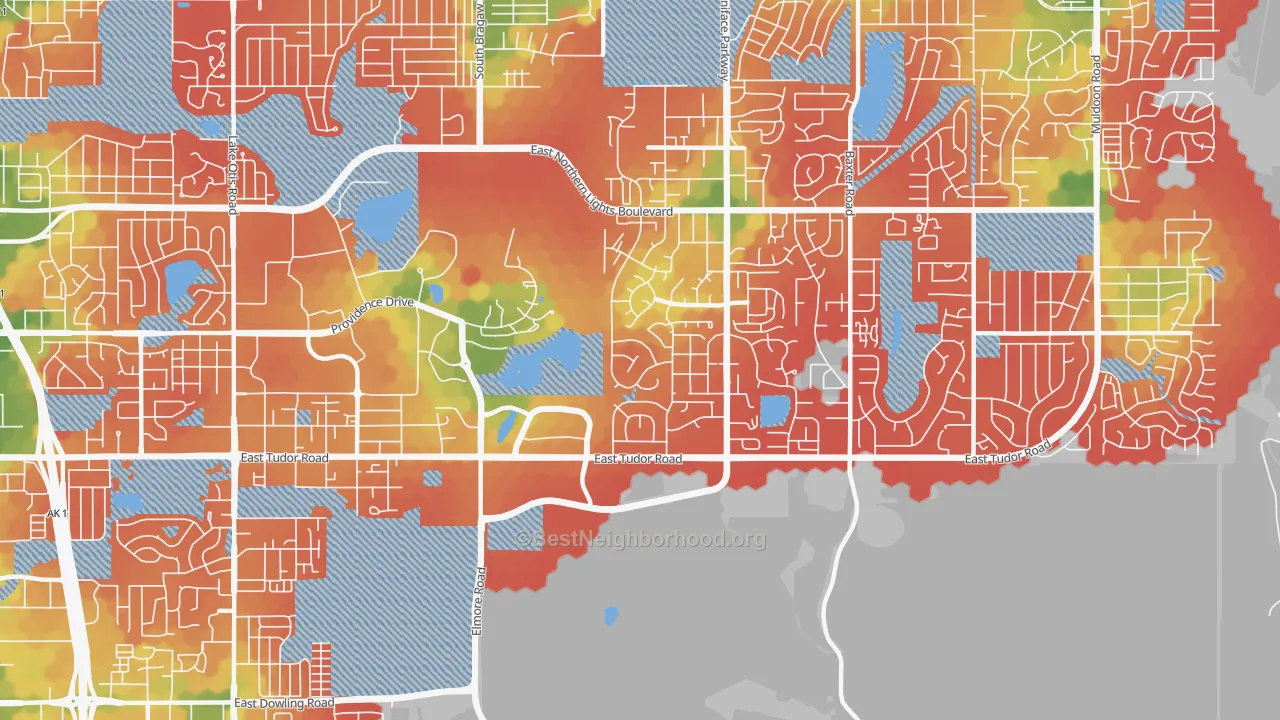 Walk Grade map of University Area, Anchorage, AK, walkable areas in green and car-dependent areas in red