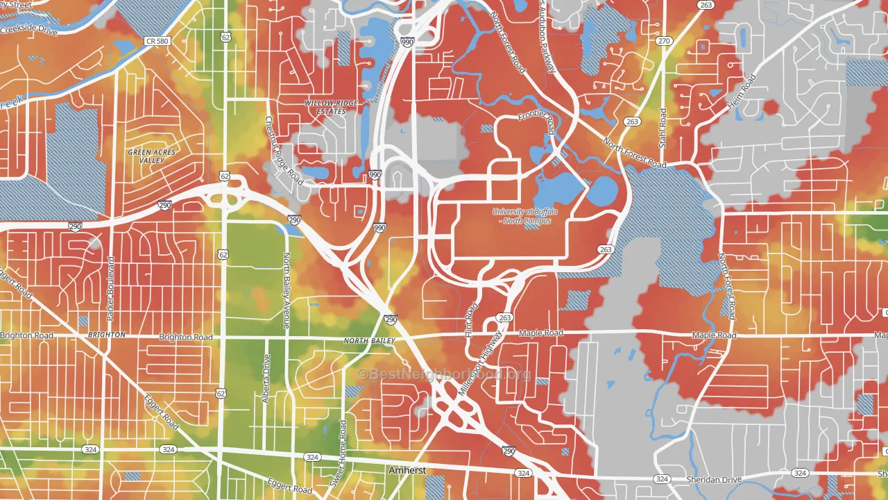 Walk Grade map of University at Buffalo, NY, walkable areas in green and car-dependent areas in red