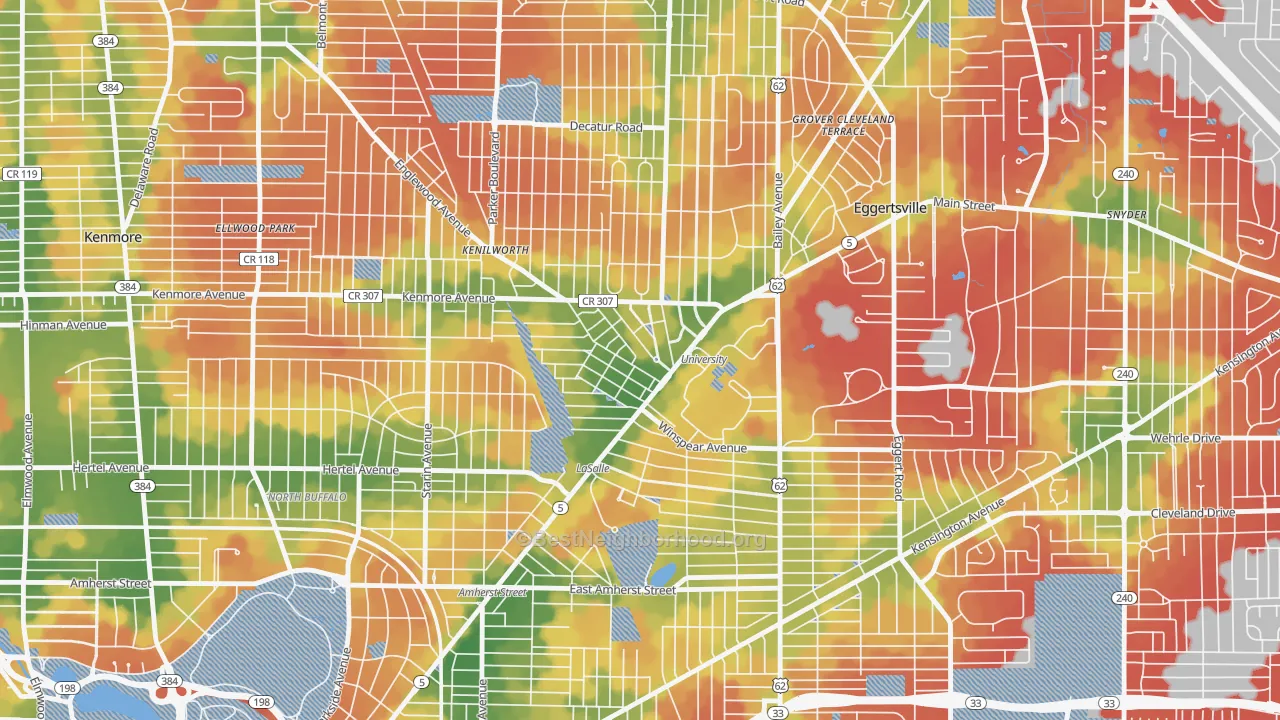 Walk Grade map of University, Buffalo, NY, walkable areas in green and car-dependent areas in red