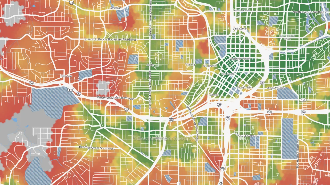 Walk Grade map of University Center, Atlanta, GA, walkable areas in green and car-dependent areas in red
