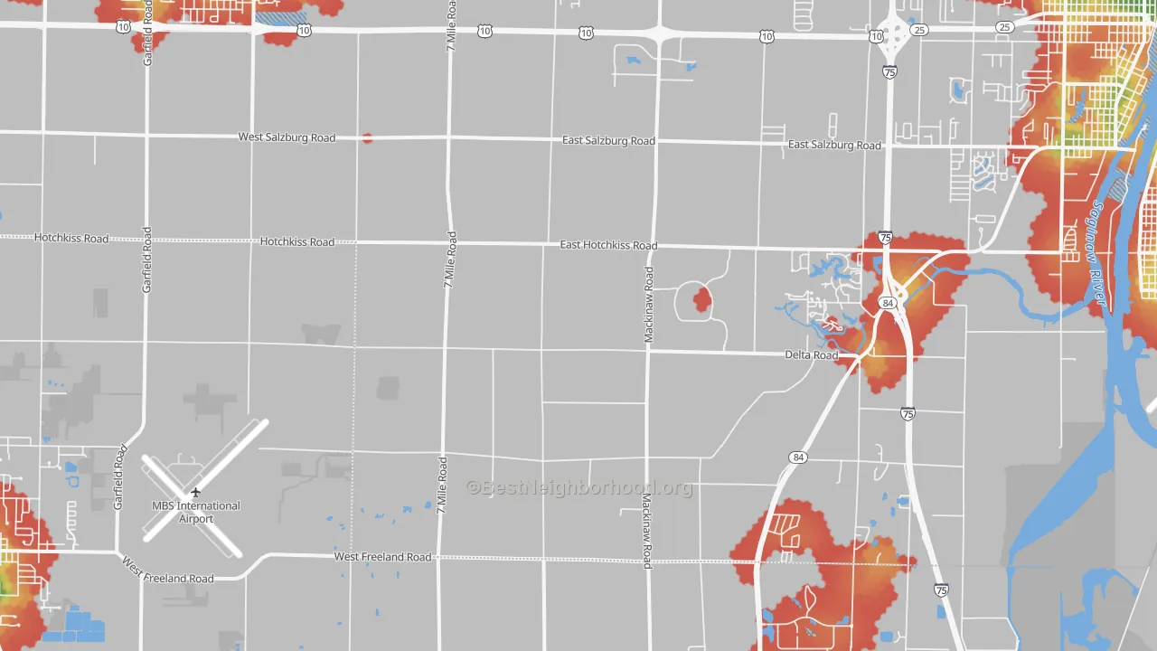 Walk Grade map of University Center, MI, walkable areas in green and car-dependent areas in red