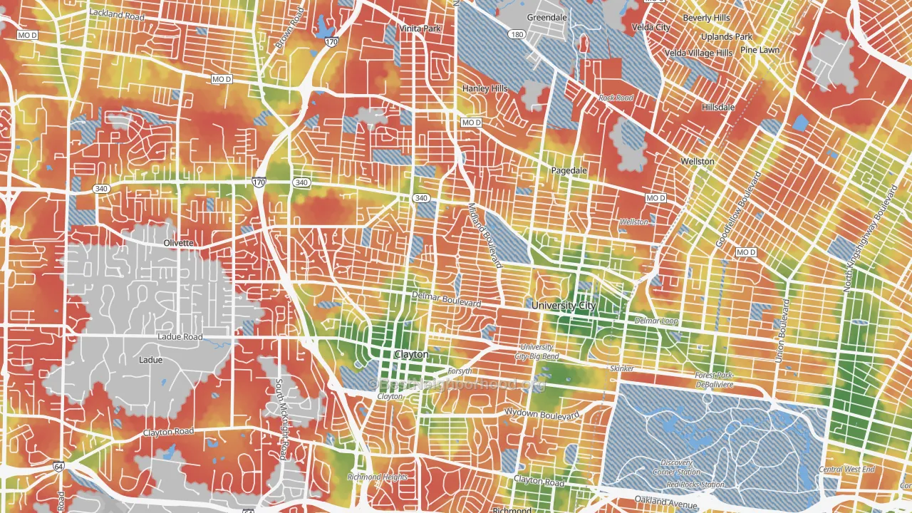 Walk Grade map of University City, MO, walkable areas in green and car-dependent areas in red