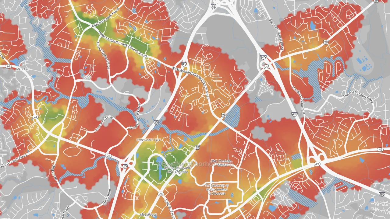 Walk Grade map of University City North, Charlotte, NC, walkable areas in green and car-dependent areas in red