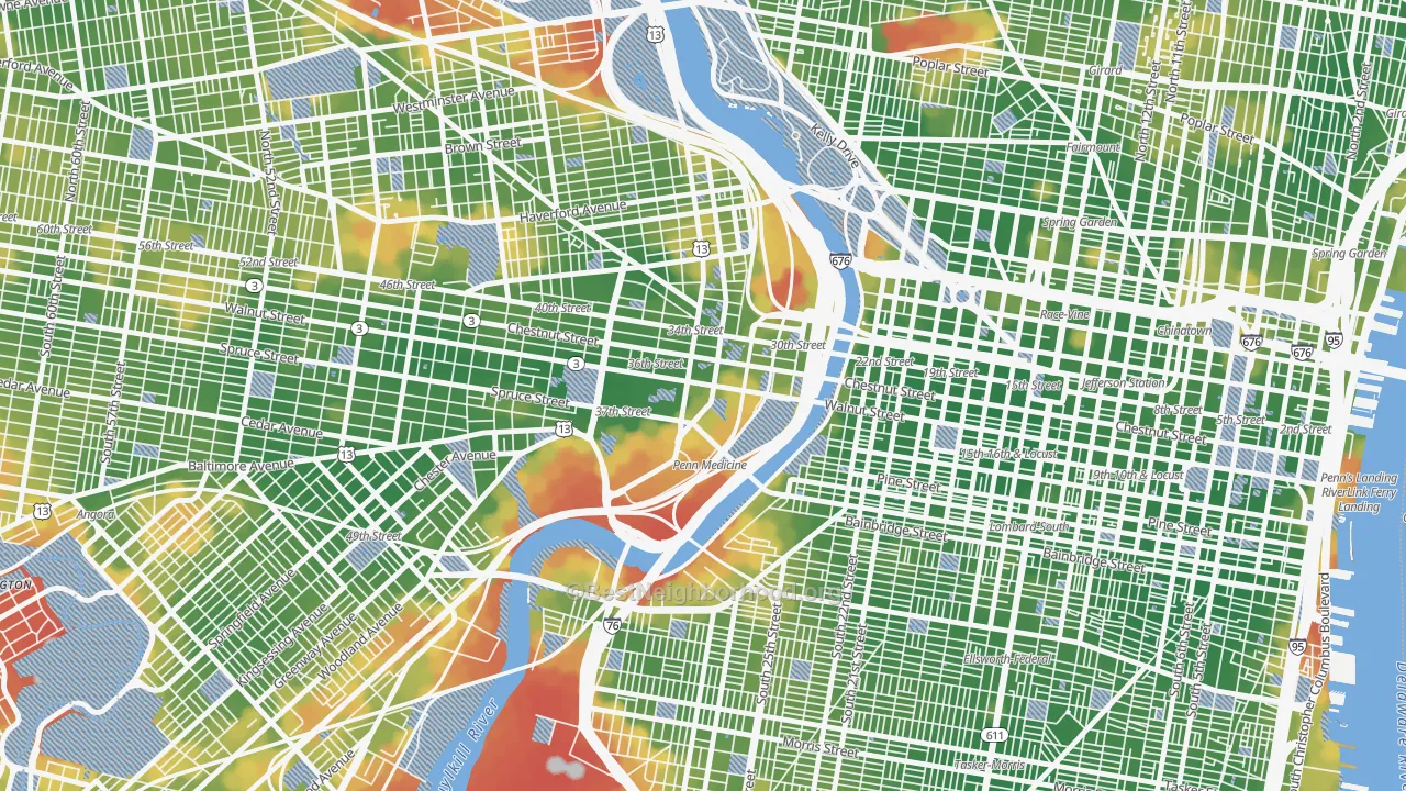 Walk Grade map of University City, Philadelphia, PA, walkable areas in green and car-dependent areas in red