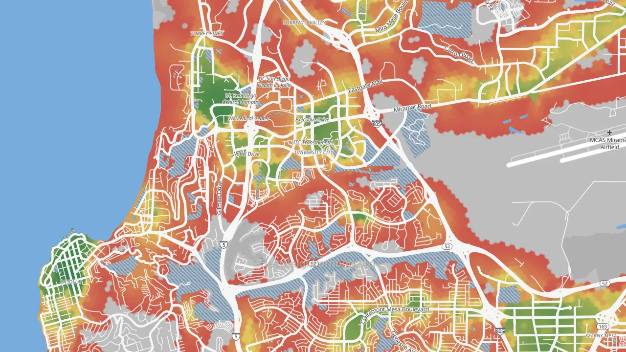 Walk Grade map of University City, San Diego, CA, walkable areas in green and car-dependent areas in red