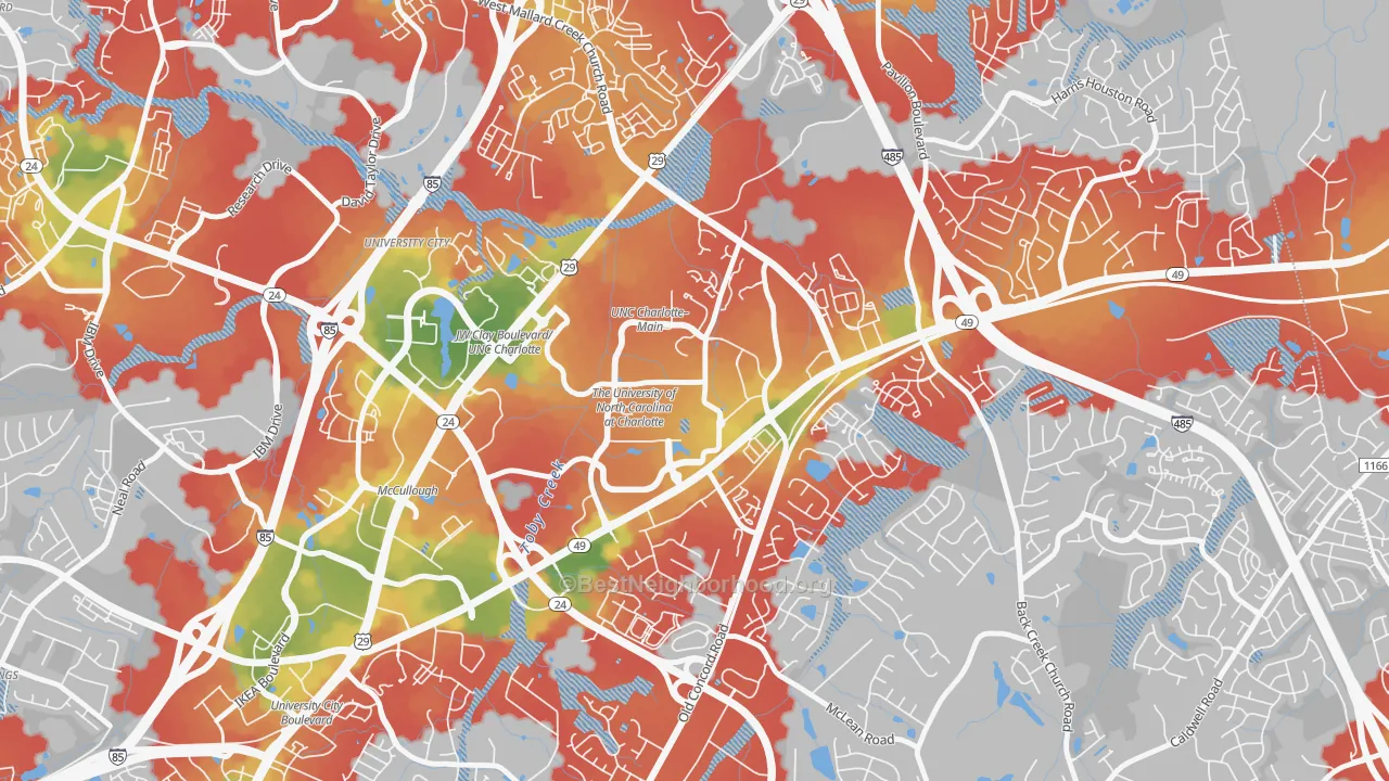 Walk Grade map of University City South, Charlotte, NC, walkable areas in green and car-dependent areas in red