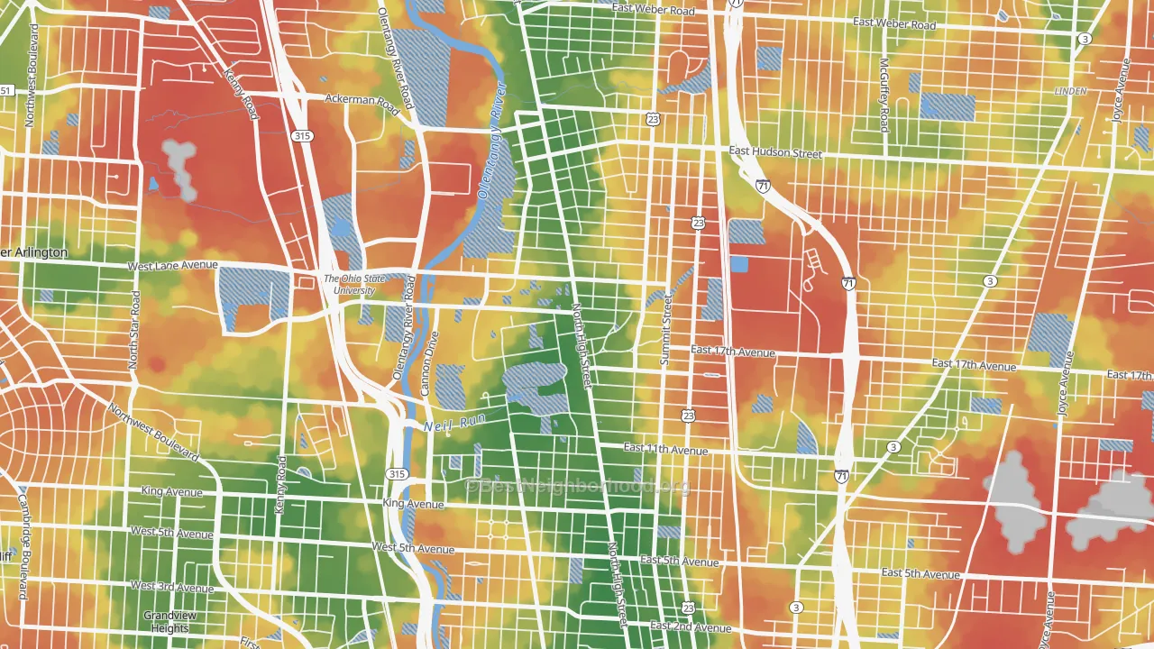 Walk Grade map of University, Columbus, OH, walkable areas in green and car-dependent areas in red