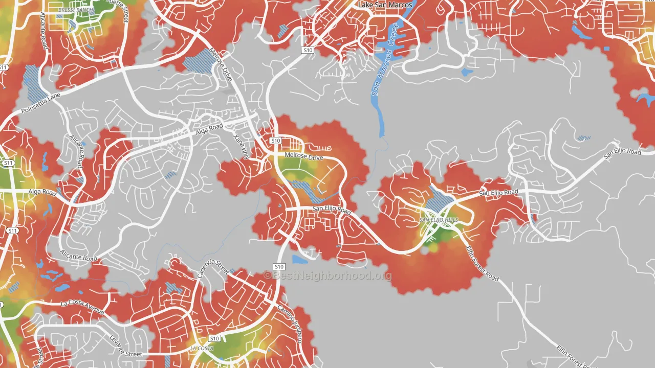 Walk Grade map of University Commons, San Marcos, CA, walkable areas in green and car-dependent areas in red