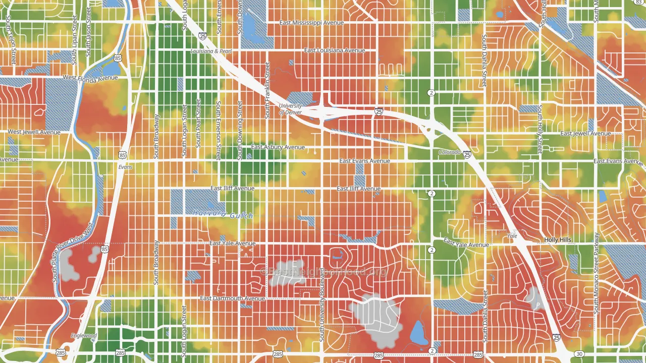 Walk Grade map of University, Denver, CO, walkable areas in green and car-dependent areas in red
