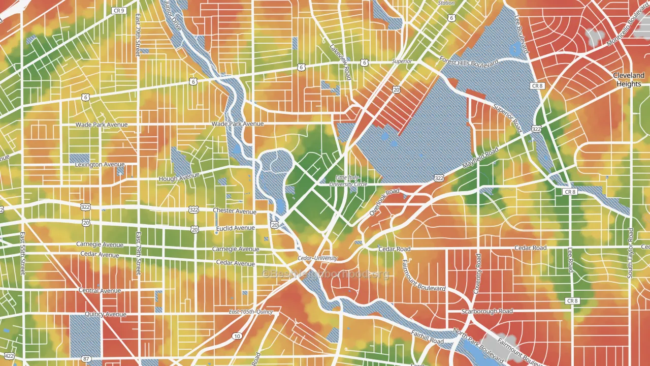 Walk Grade map of University District, Cleveland, OH, walkable areas in green and car-dependent areas in red