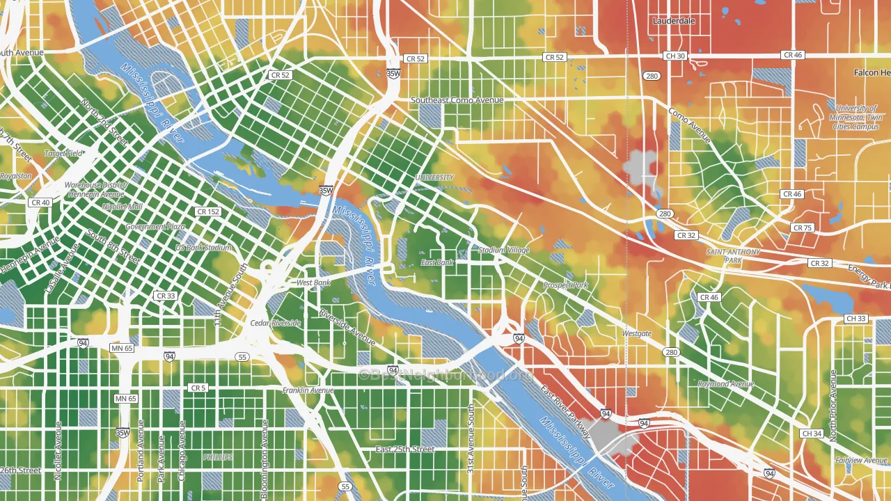 Walk Grade map of University District, Minneapolis, MN, walkable areas in green and car-dependent areas in red