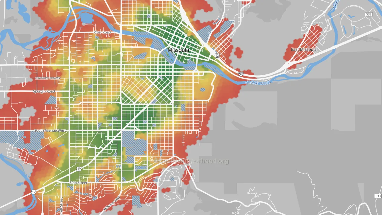 Walk Grade map of University District, Missoula, MT, walkable areas in green and car-dependent areas in red