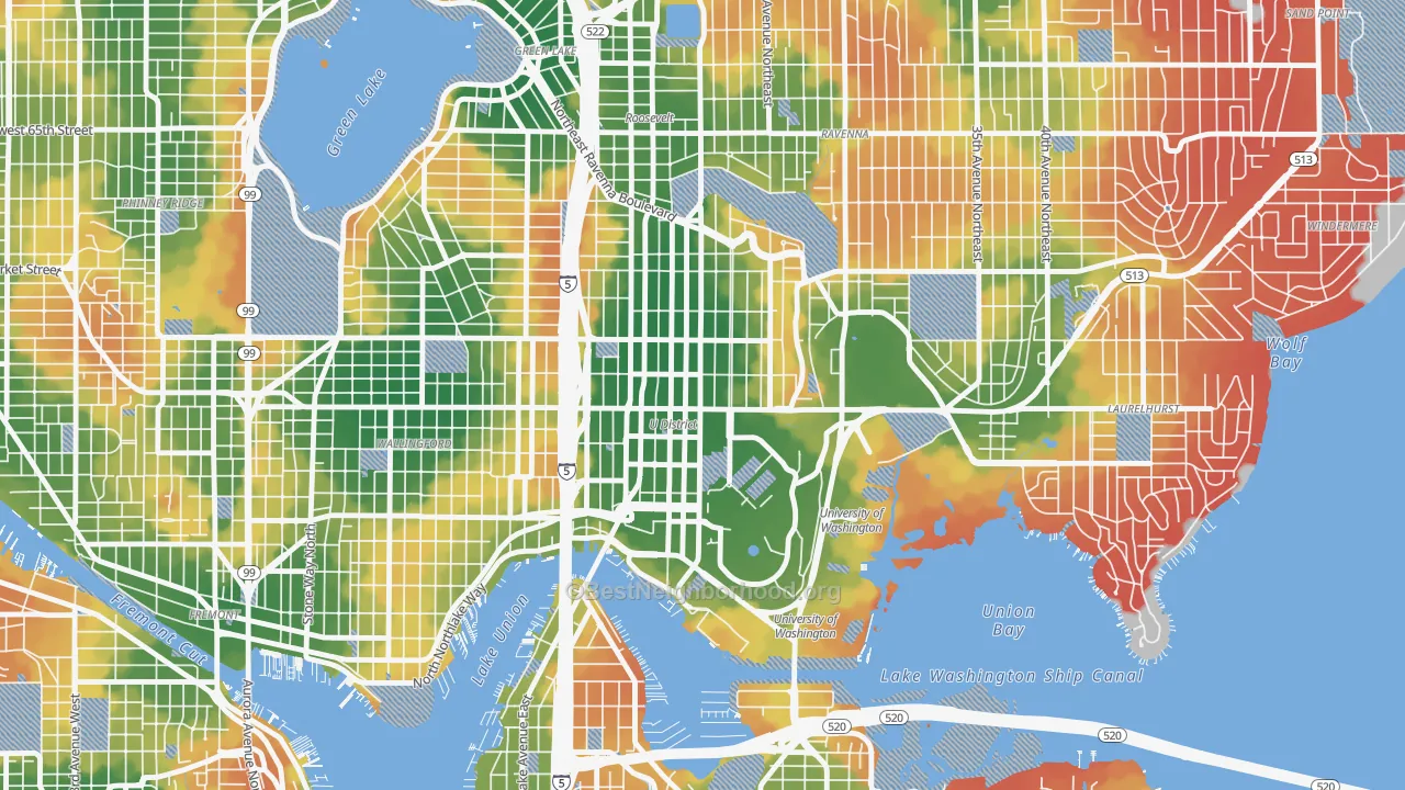 Walk Grade map of University District, Seattle, WA, walkable areas in green and car-dependent areas in red