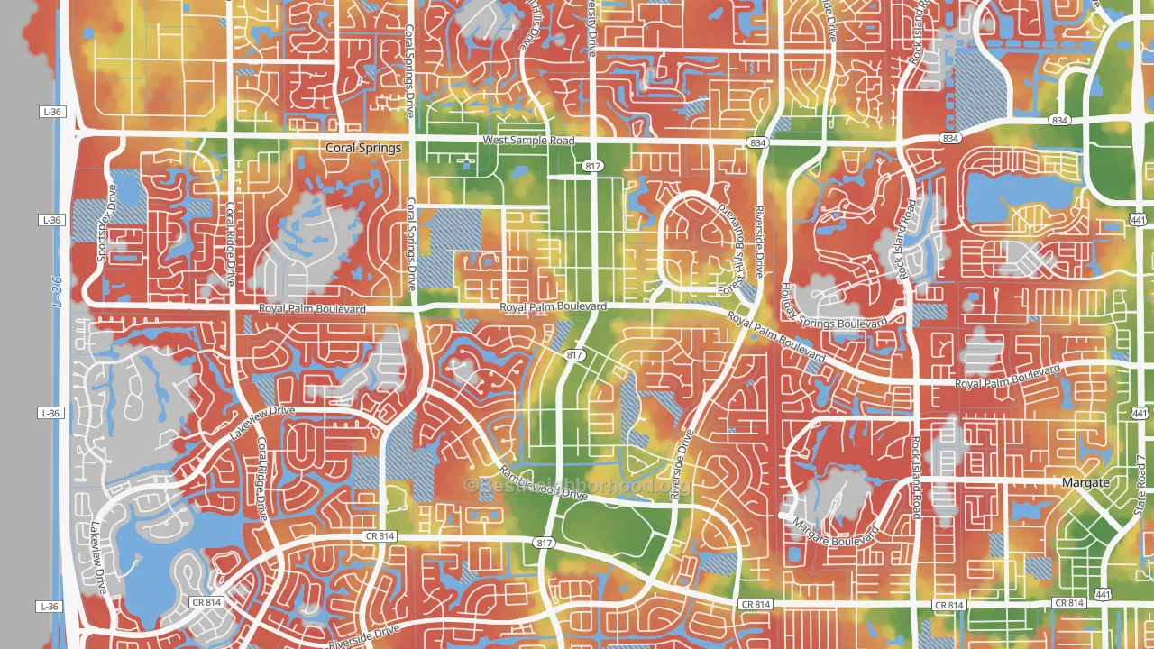 Walk Grade map of University Drive, Coral Springs, FL, walkable areas in green and car-dependent areas in red