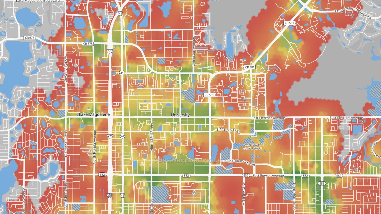 Walk Grade map of University, FL, walkable areas in green and car-dependent areas in red