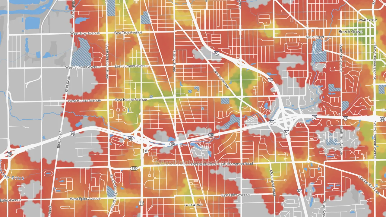 Walk Grade map of University Heights and Rosedale Hills, Indianapolis, IN, walkable areas in green and car-dependent areas in red