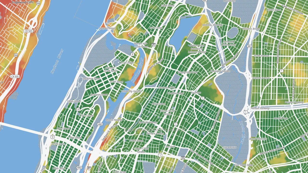 Walk Grade map of University Heights, Bronx, NY, walkable areas in green and car-dependent areas in red