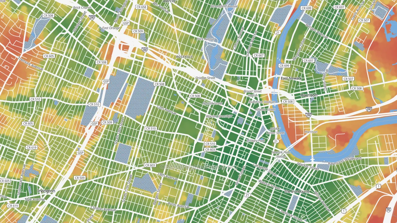 Walk Grade map of University Heights, Newark, NJ, walkable areas in green and car-dependent areas in red
