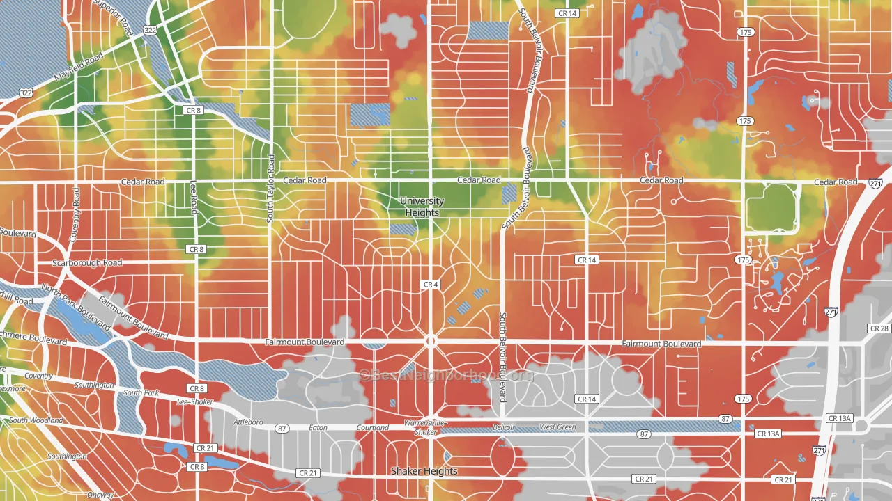 Walk Grade map of University Heights, OH, walkable areas in green and car-dependent areas in red