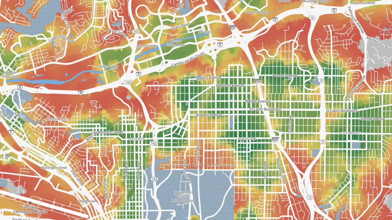 Walk Grade map of University Heights, San Diego, CA, walkable areas in green and car-dependent areas in red