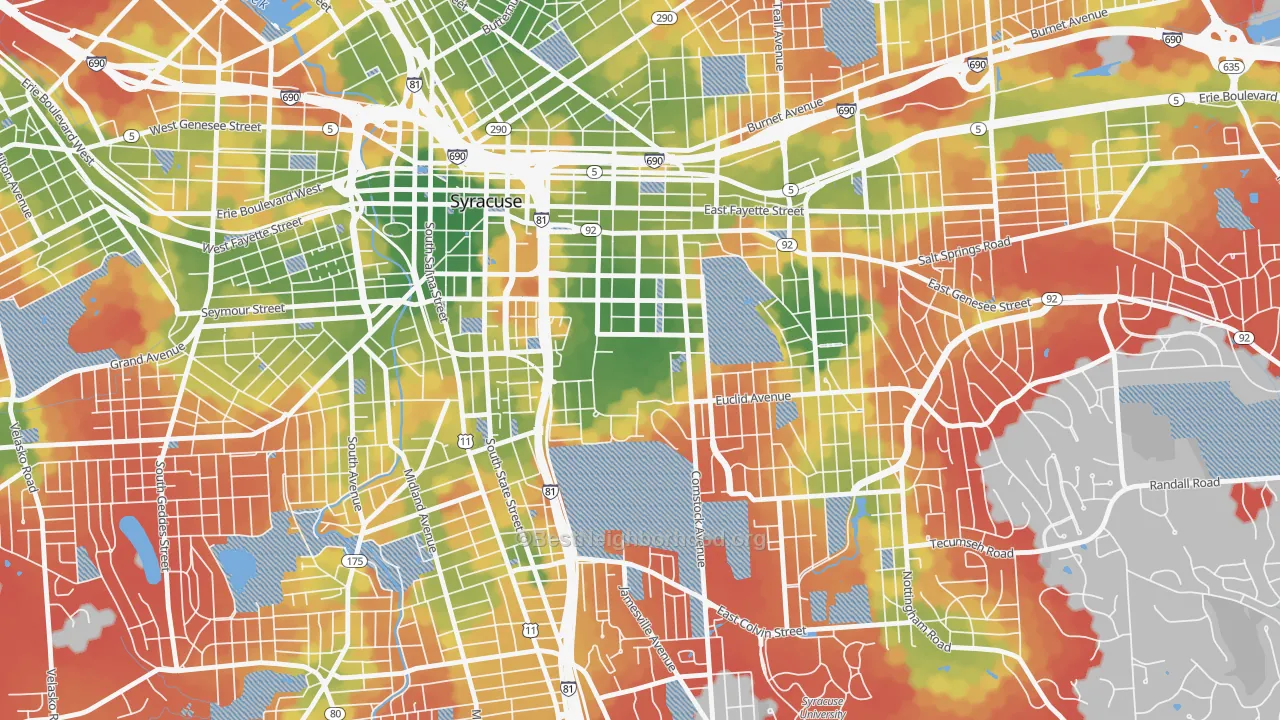 Walk Grade map of University Hill, Syracuse, NY, walkable areas in green and car-dependent areas in red