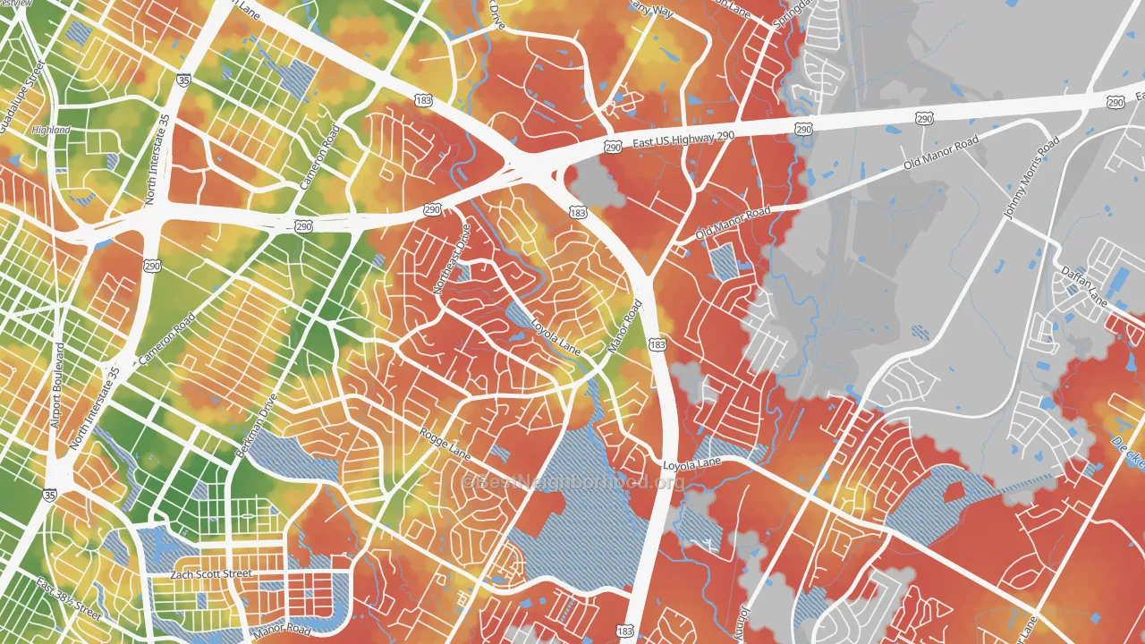 Walk Grade map of University Hills, Austin, TX, walkable areas in green and car-dependent areas in red