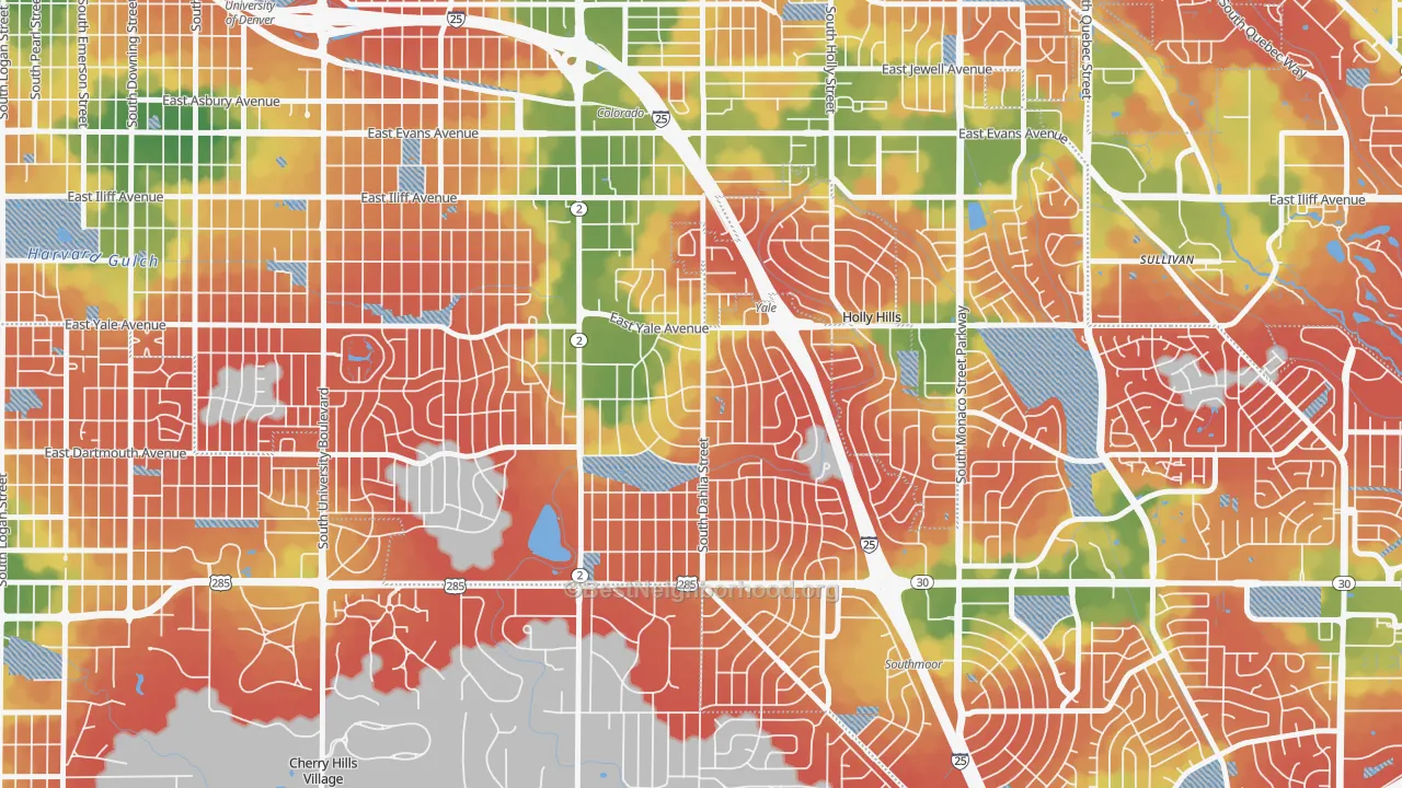 Walk Grade map of University Hills, Denver, CO, walkable areas in green and car-dependent areas in red
