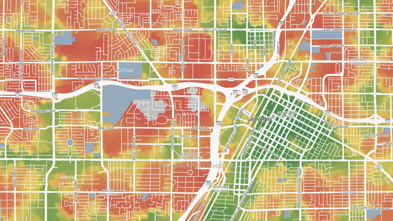 Walk Grade map of University Medical Center, Las Vegas, NV, walkable areas in green and car-dependent areas in red