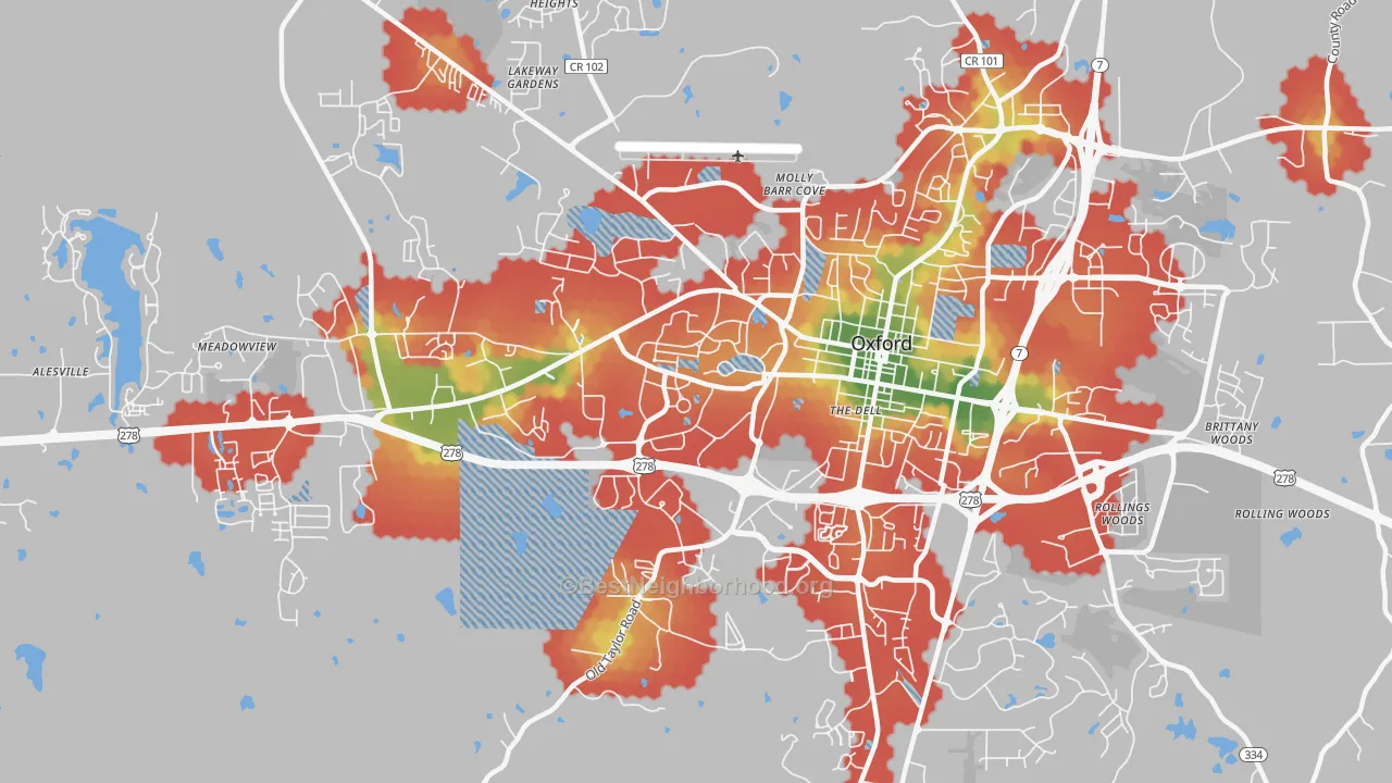 Walk Grade map of University, MS, walkable areas in green and car-dependent areas in red