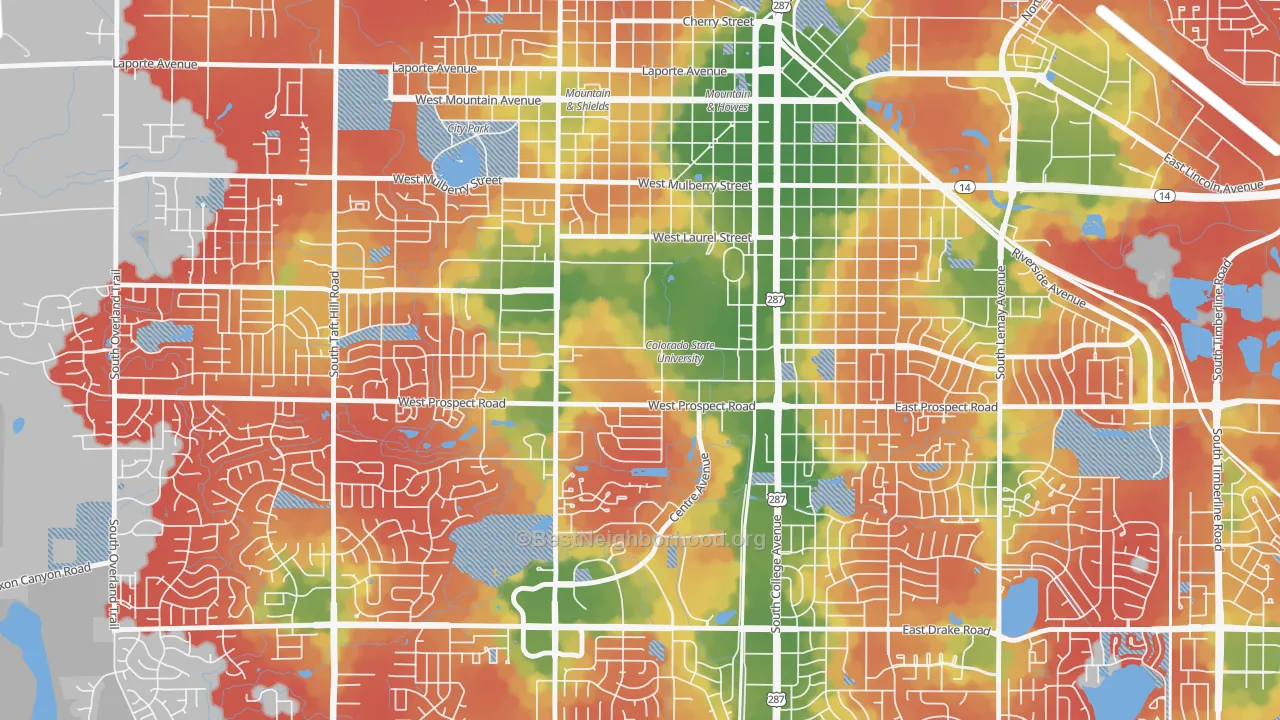 Walk Grade map of University North, Fort Collins, CO, walkable areas in green and car-dependent areas in red