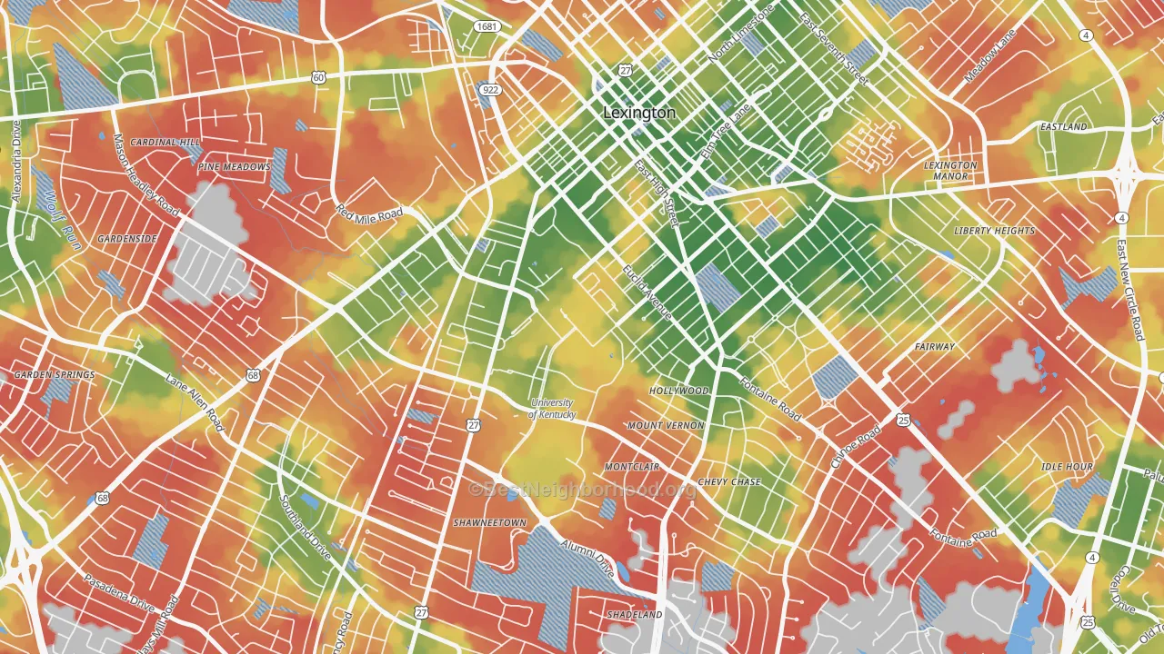 Walk Grade map of University of Kentucky, Lexington, KY, walkable areas in green and car-dependent areas in red