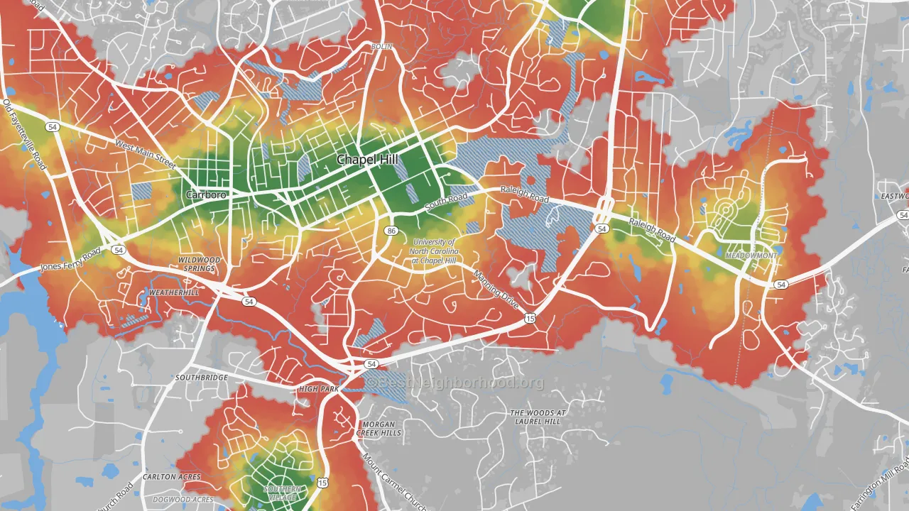 Walk Grade map of University of NC at Chapel Hill, Chapel Hill, NC, walkable areas in green and car-dependent areas in red