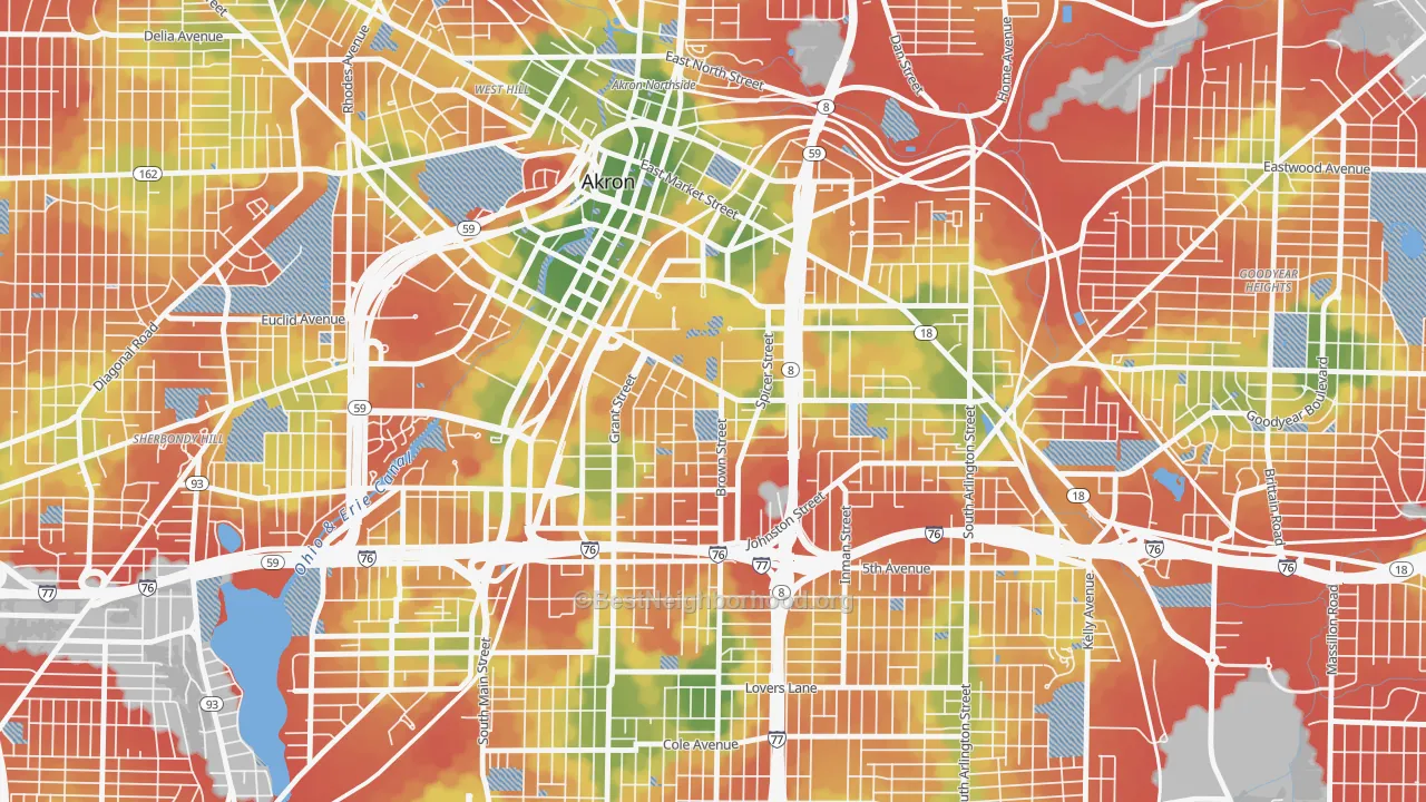 Walk Grade map of University of Ohio Akron, Akron, OH, walkable areas in green and car-dependent areas in red