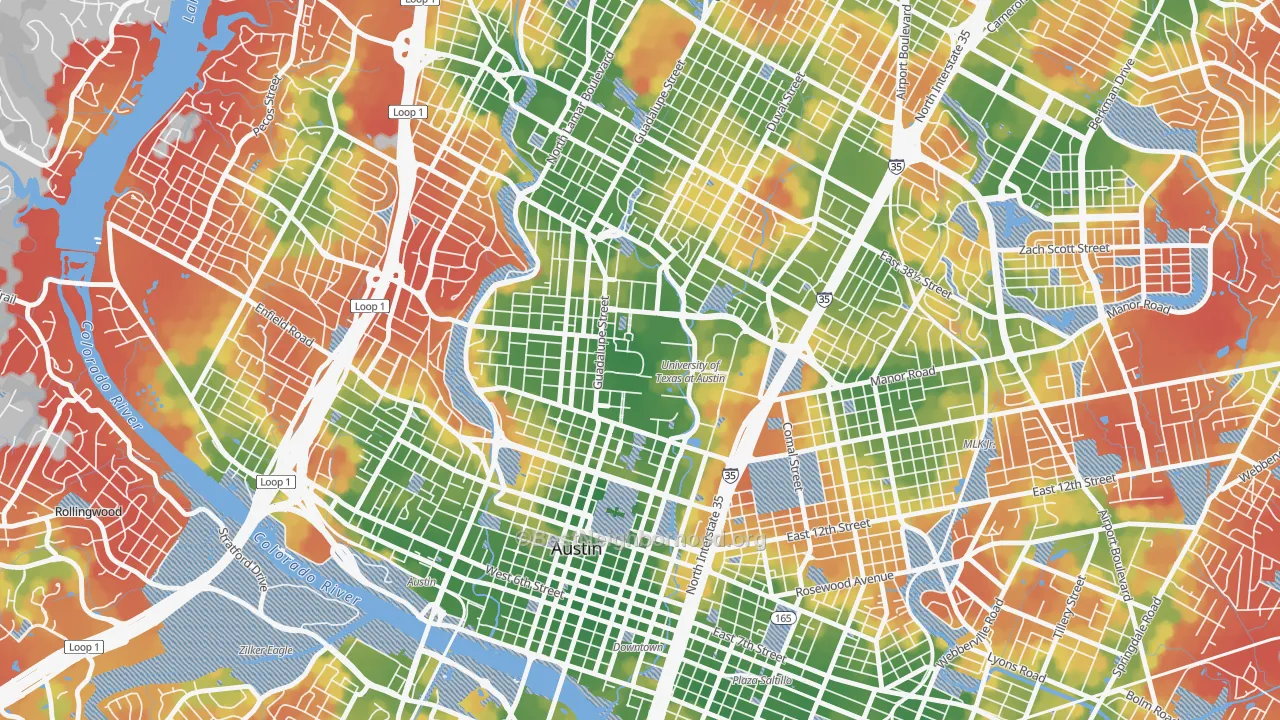 Walk Grade map of University Of Texas, Austin, TX, walkable areas in green and car-dependent areas in red