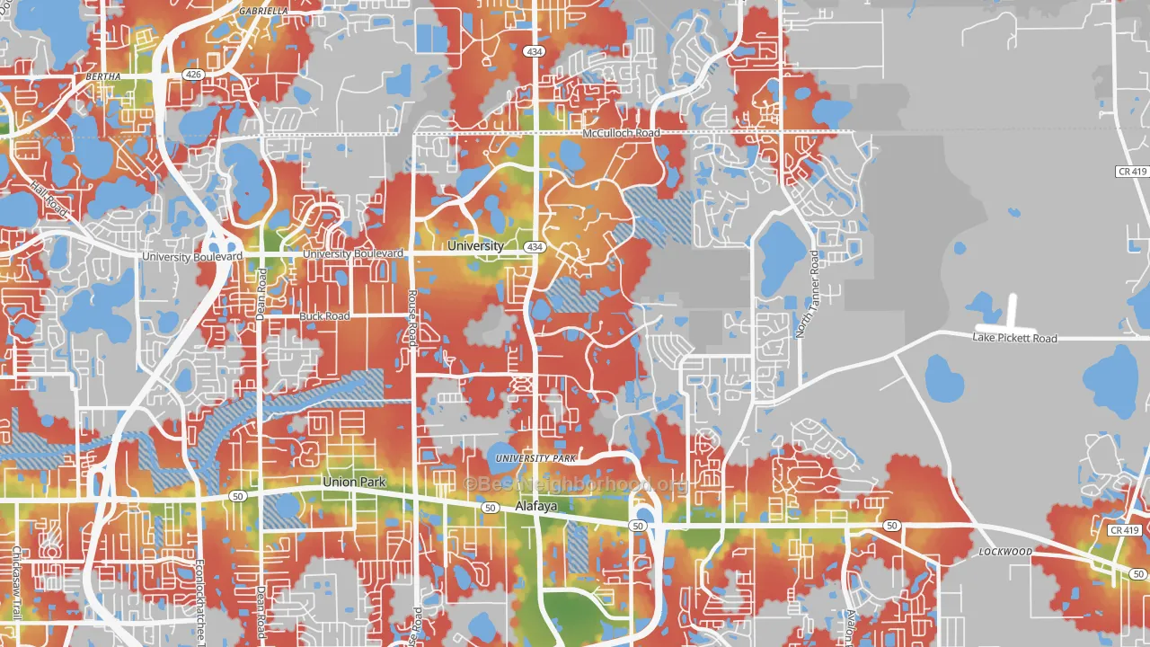 Walk Grade map of university, Orlando, FL, walkable areas in green and car-dependent areas in red