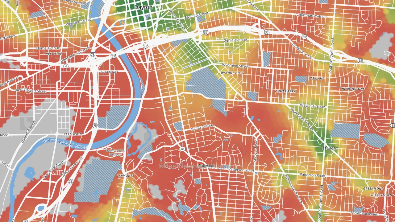 Walk Grade map of University Park, Dayton, OH, walkable areas in green and car-dependent areas in red