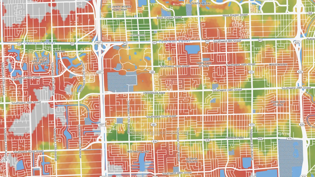 Walk Grade map of University Park, FL, walkable areas in green and car-dependent areas in red