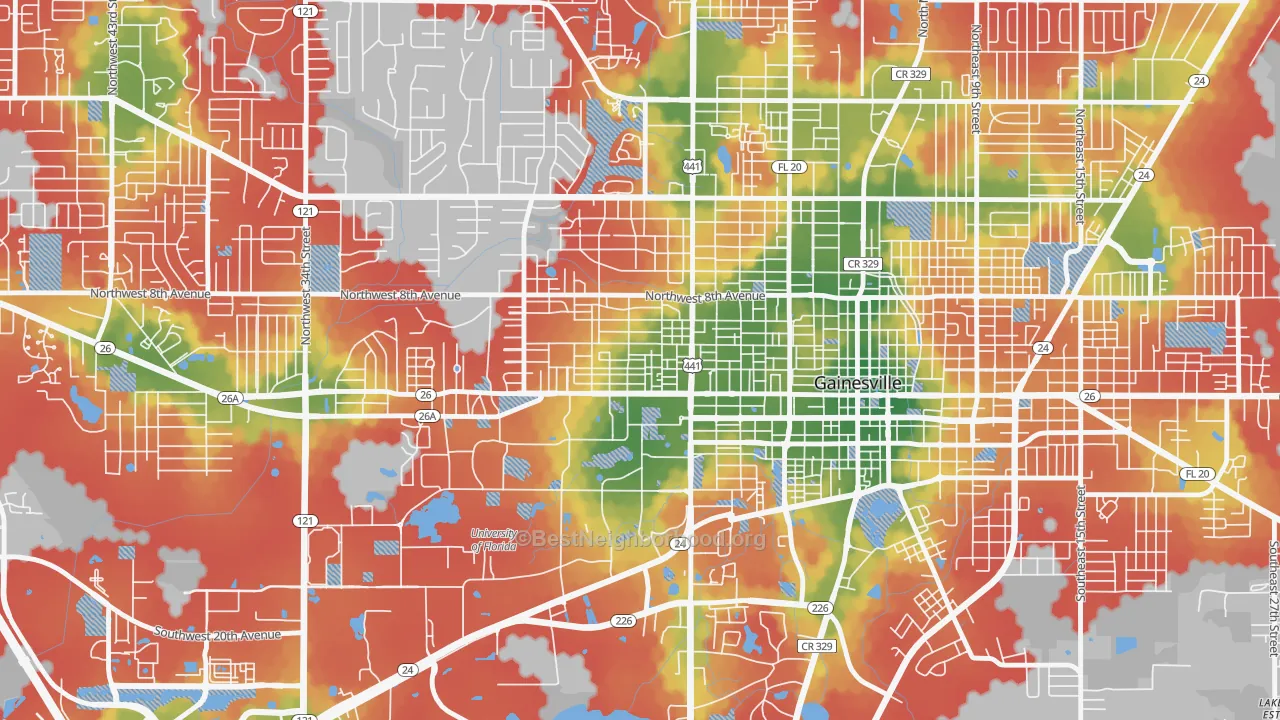 Walk Grade map of University Park-Gainsville, Gainesville, FL, walkable areas in green and car-dependent areas in red