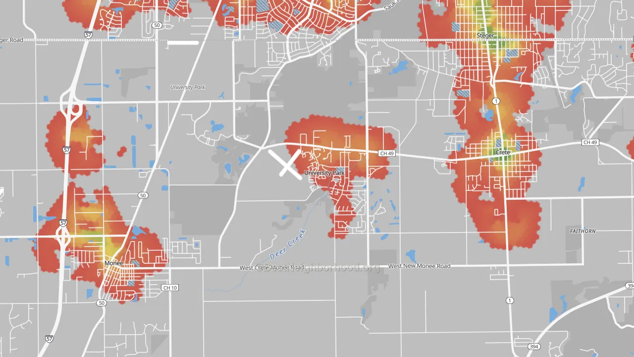 Walk Grade map of University Park, IL, walkable areas in green and car-dependent areas in red